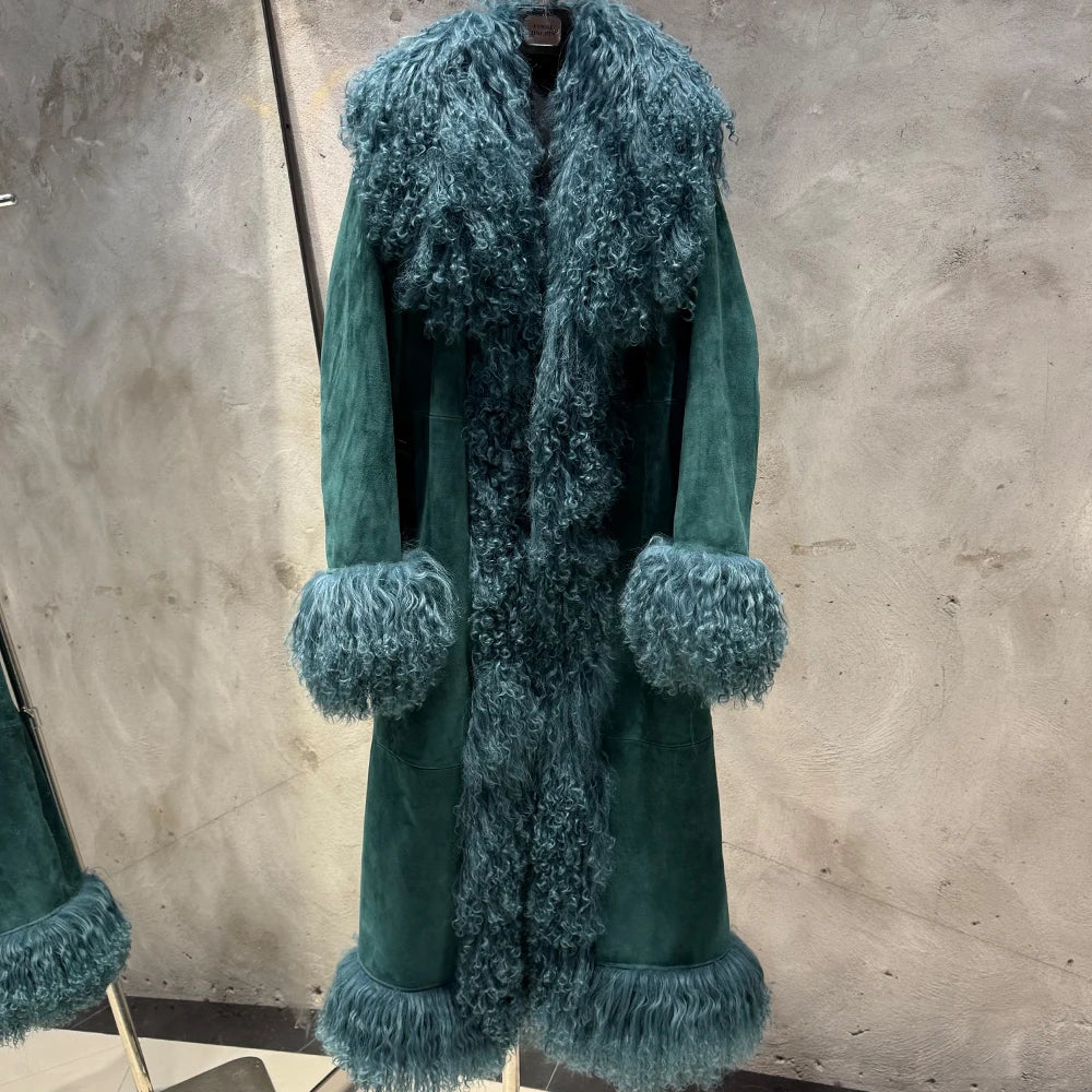 Suede Coat Fur Collar Women Autumn Genuine Sheepskin Coat Long with Mongfolian Fur Trim - Matrix Studios