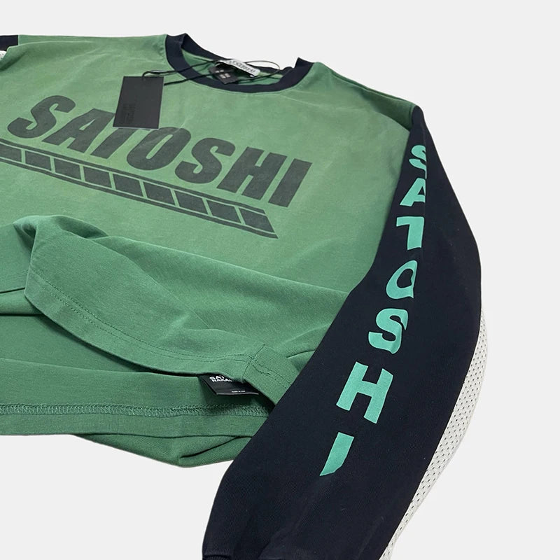 Satoshi Nakamoto Long-Sleeved T-Shirt 26FW Multi-color Patchwork Sleeve Roundneck Letter-Print Tops Loose Casual Design Tee - Matrix-studios.com