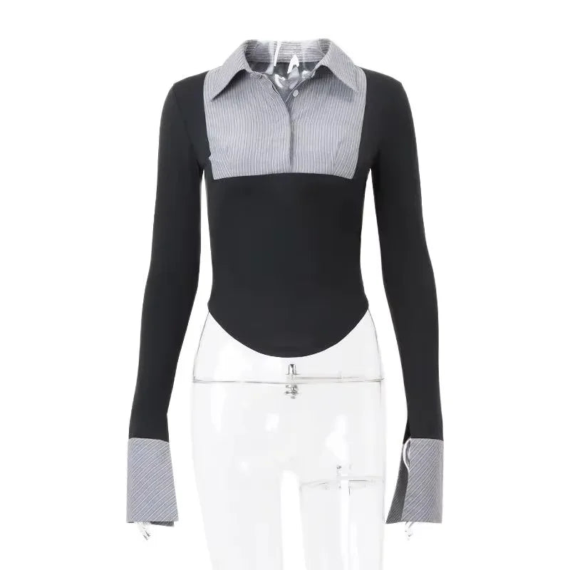 2025 Autumn Striped Polo Collar Contrast Crop Top Slim Fit Bodycon Knit Tops - Spicy Girl Outfits for Club/Streetwear/Daily Wear - Matrix-studios.com
