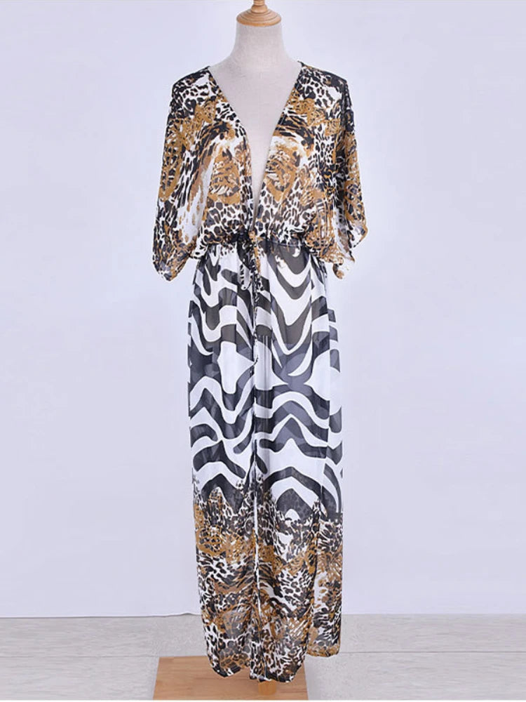 Bikini Cover Up Chiffon Beach Kimono Women Leopard Printed Long Cape for Swimsuit Tunic Summer Beach Wear Factory Supply - Matrix Studios