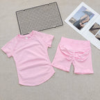 Women's Summer 2 Piece Yoga Outfit Slim Fit Short Sleeve Top High Waist Tummy Lifting Butt Shaping Shorts for Gym Running Daily - Matrix-studios.com