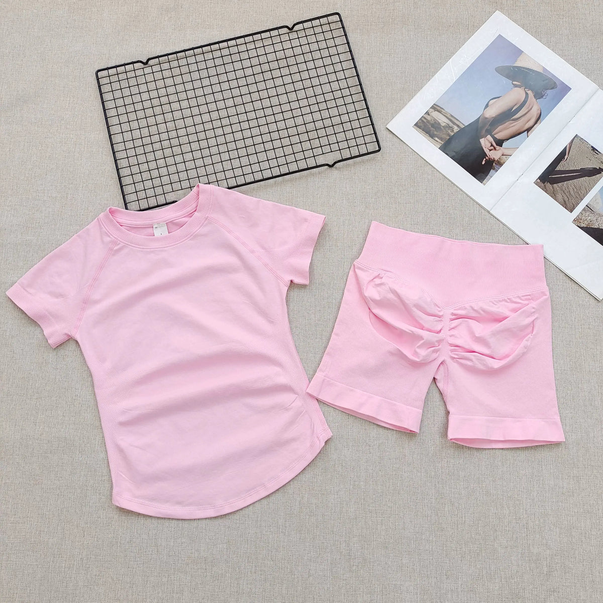 Women's Summer 2 Piece Yoga Outfit Slim Fit Short Sleeve Top High Waist Tummy Lifting Butt Shaping Shorts for Gym Running Daily - Matrix-studios.com