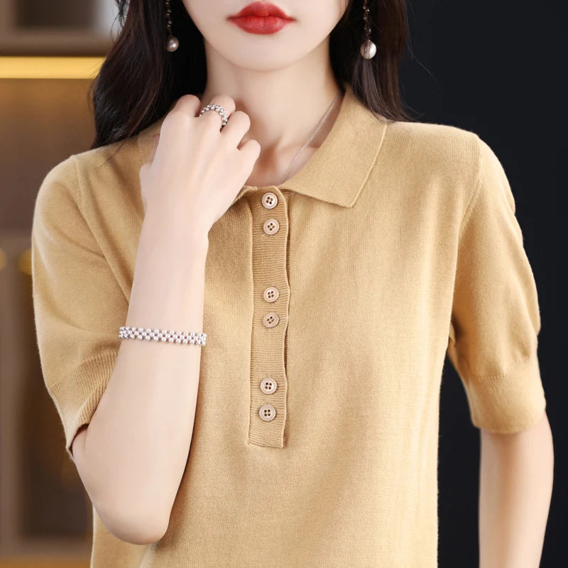 Women's T-shirt Summer 100% Cotton Sweater Short Sleeve Casual Knitwear POLO Collar Ladies' Tops Loose Pullover Tees Buttons - Matrix-studios.com