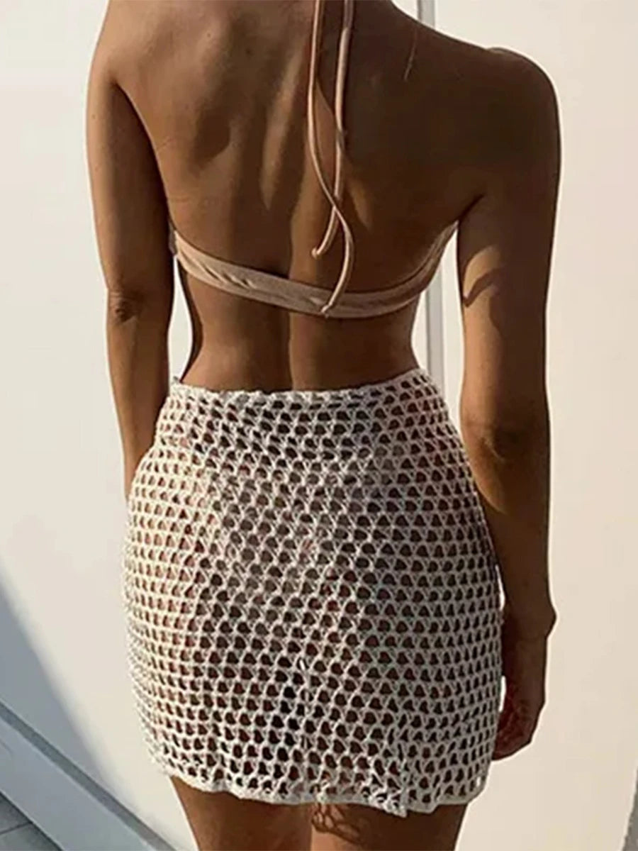 Women Beach Skirt Hollowed Solid Black White Yellow Green Knitted Mini Skirt For Women Summer Vacation Seaside Cover-Up Skirt - Matrix Studios