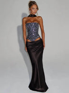 Mozision Sequins Sexy Dress Set Women Sparkle Scarf Collar Crop Tops And Maxi Skirt Elegant Club Party Satin Skirt Matching Set - Matrix-studios.com