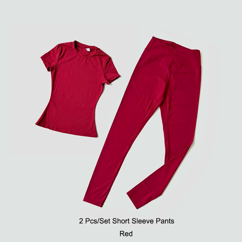 Quick-Drying Gym Leggings Set Sport Suit Short Sleeve Breathable Stretchy Slim Fitness Active Top Tight Gym Set - Matrix-studios.com