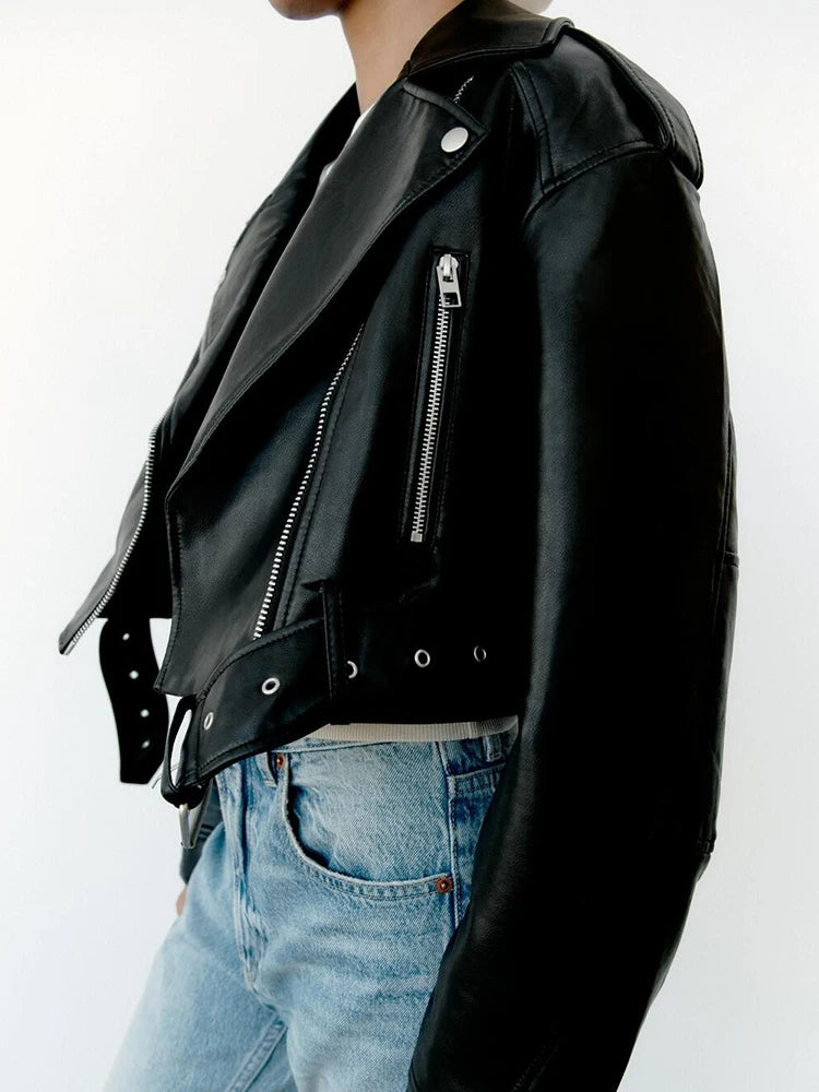 Ailegogo Spring Autumn Women Faux Pu Leather Short Jacket with Belt Motorcycle Biker Female Zipper Lapel Loose Coat Outwear - Matrix Studios