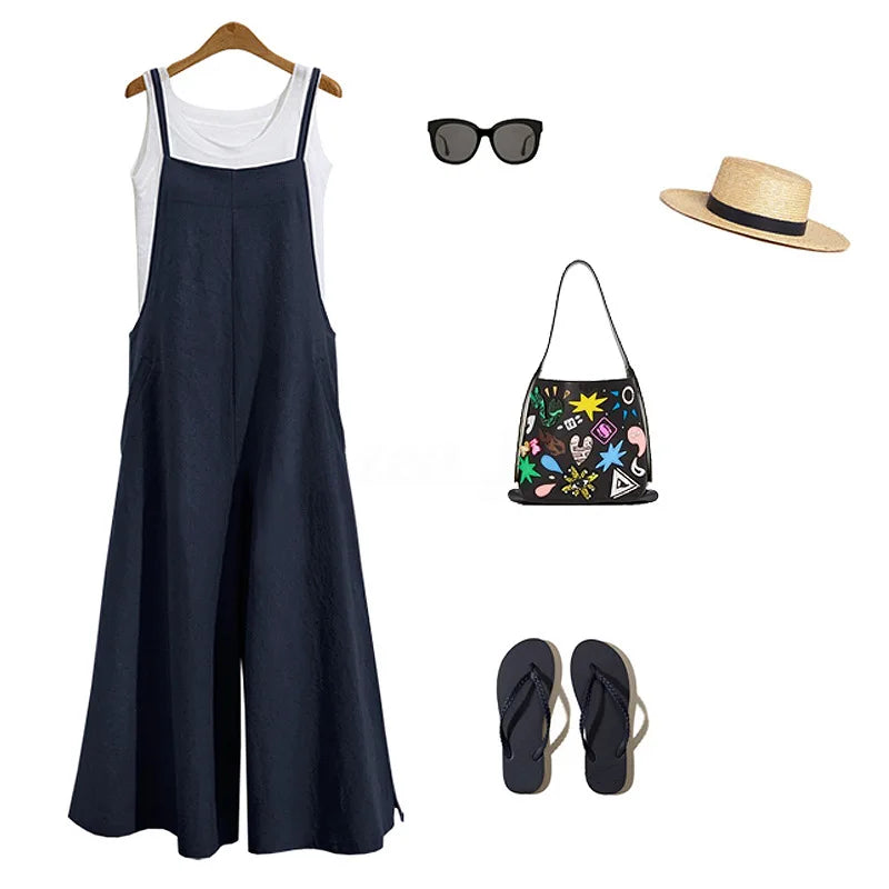 Women Straps Jumpsuit Summer Solid Color Wide Leg Pants Dungaree Bib Overalls Casual Loose Sleeveless Cotton Linen Jumpsuits 5Xl - Matrix Studios