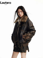 Lautaro Spring Autumn Cool Handsome Vintage Distressed Brown Pu Leather Jacket Women Faux Fur Collar Luxury Designer Clothing - Matrix Studios