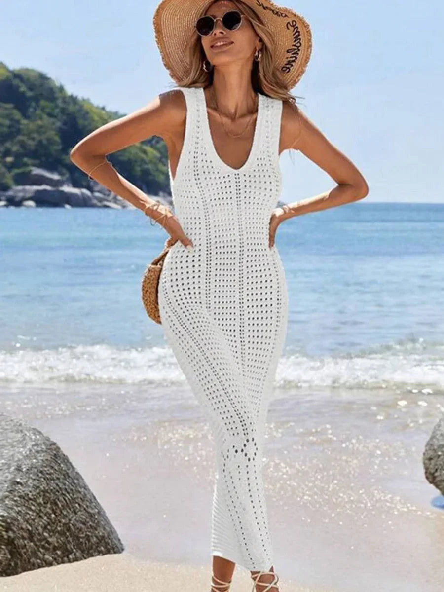 S - XL 2025 V Neck Hollow Out Crochet Knitted Tunic Beach Cover Up Long Cover-ups Beach Dress Beach Wear Beachwear Female Women - Matrix Studios