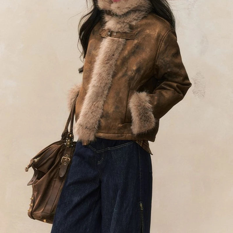 Autumn and Winter Coat with A Stylish Fur Patchwork Design Women's Biker Jacket Leather and Fur Integrated Jacket - Matrix Studios