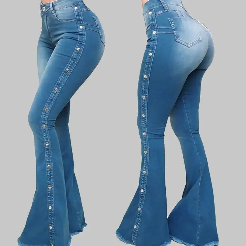 Jeans High Waist Strecth Denim Flare Pants Women Vintage Trousers Buttons Denims Streetwear 2024 Autumn Female Floor Length - Matrix-studios.com