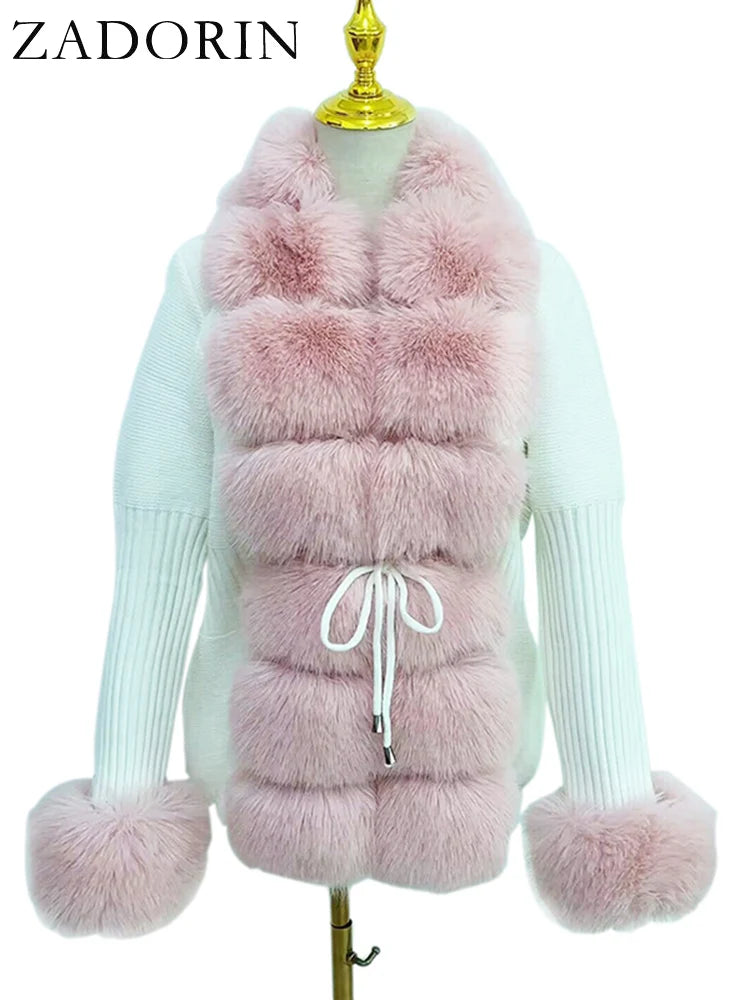 ZADORIN Autumn Winter Women Faux Fur Coat Luxury Knitted Sweater Fur Cardigan Detachable Collar White Pink Jacket Faux Fur Coats - Matrix Studios
