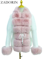 ZADORIN Autumn Winter Women Faux Fur Coat Luxury Knitted Sweater Fur Cardigan Detachable Collar White Pink Jacket Faux Fur Coats - Matrix Studios