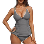 Women Tankini Swimsuit Color Block Tummy Control V Neck Push Up Top High Waisted Swim Bottom 2026 Summer Two Piece Bathing Suit - Matrix-studios.com