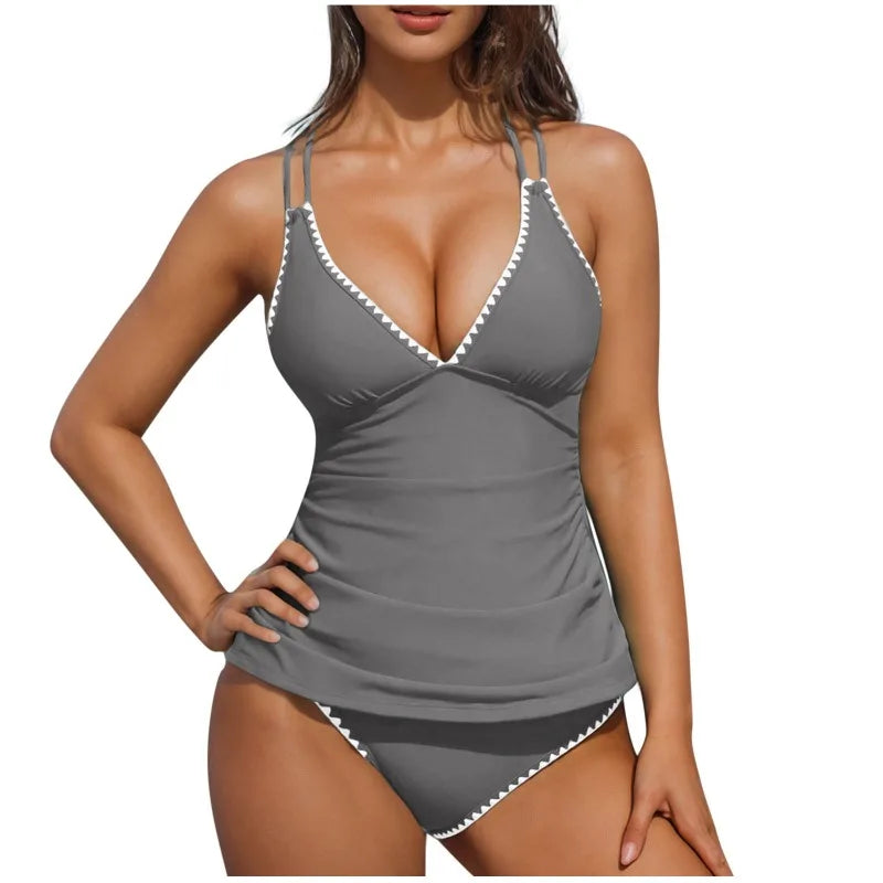 Women Tankini Swimsuit Color Block Tummy Control V Neck Push Up Top High Waisted Swim Bottom 2026 Summer Two Piece Bathing Suit - Matrix-studios.com
