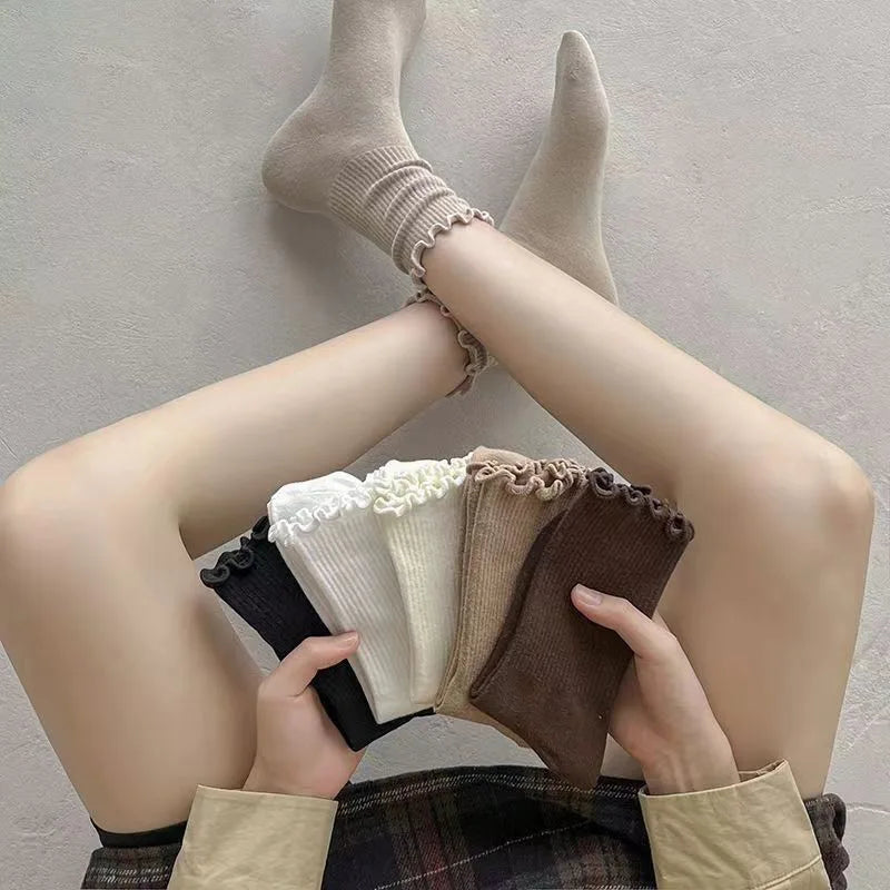 6/12 Pairs Women Solid Color Wavy Edge Mid Tube Socks Fashionable Sweet Style Breathable Comfortable Spring Summer Casual Socks - Matrix Studios