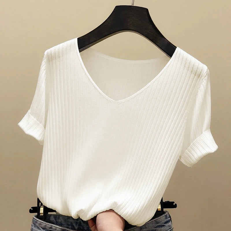 AOSSVIAO 2026 Basic V-neck Solid Thin Summer Women Pullover Female Thin Knitted Ribbed Sweater Slim Short Sleeve Bodycon Sweater - Matrix-studios.com