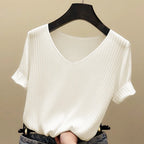 AOSSVIAO 2026 Basic V-neck Solid Thin Summer Women Pullover Female Thin Knitted Ribbed Sweater Slim Short Sleeve Bodycon Sweater - Matrix-studios.com