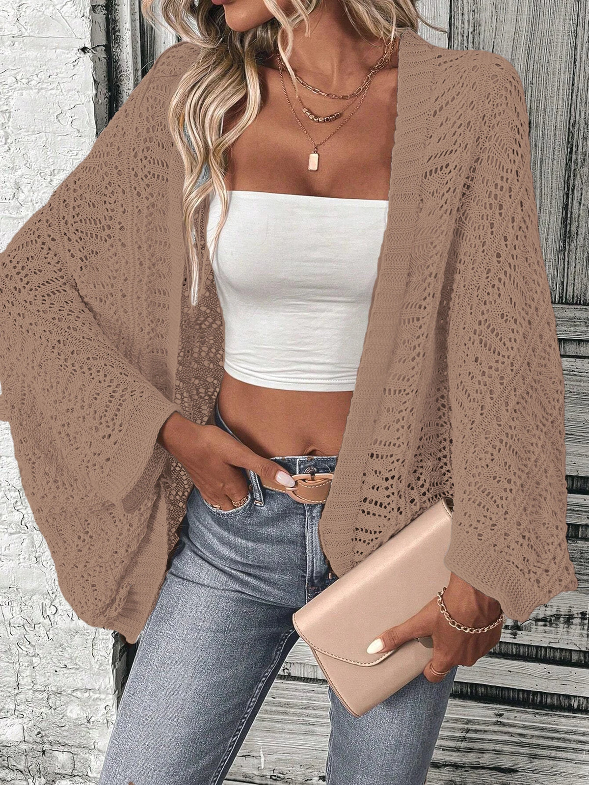 Polyester 100.00% Solid Color Camisole Knit Cardigan Elegant Front Open Bat Wing Sleeve Loose Cardigan for Women - Matrix Studios