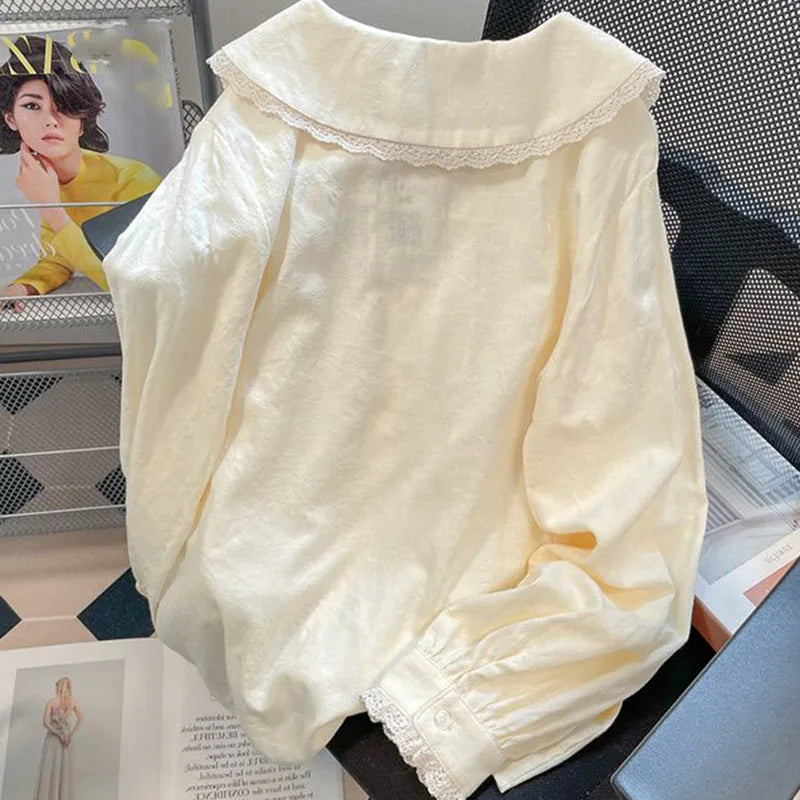 Japanese Style Cute Peter Pan Collar Shirt Women Sweet Lace Spliced Long Sleeved Blouses Woman All-Match Loose Buttons Shirts - Matrix-studios.com