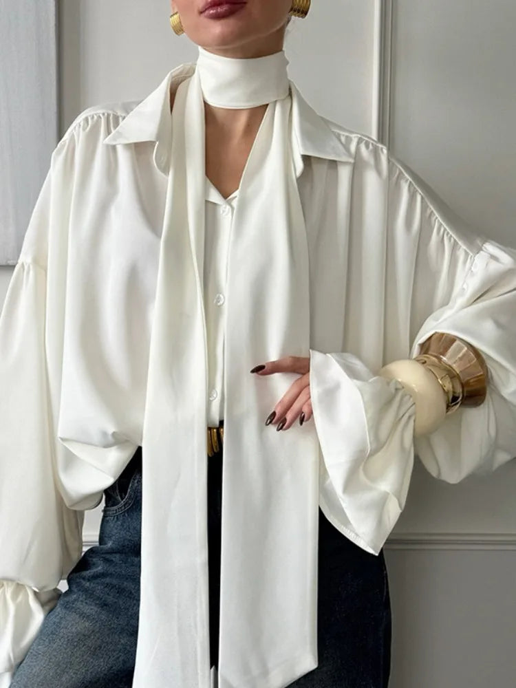 Bonboho Women's Elegant Blouse Solid White Buttoned Satin Shirts Lapel Collar Long Puff Sleeves Loose Fit T-shirt with Scarf - Matrix-studios.com