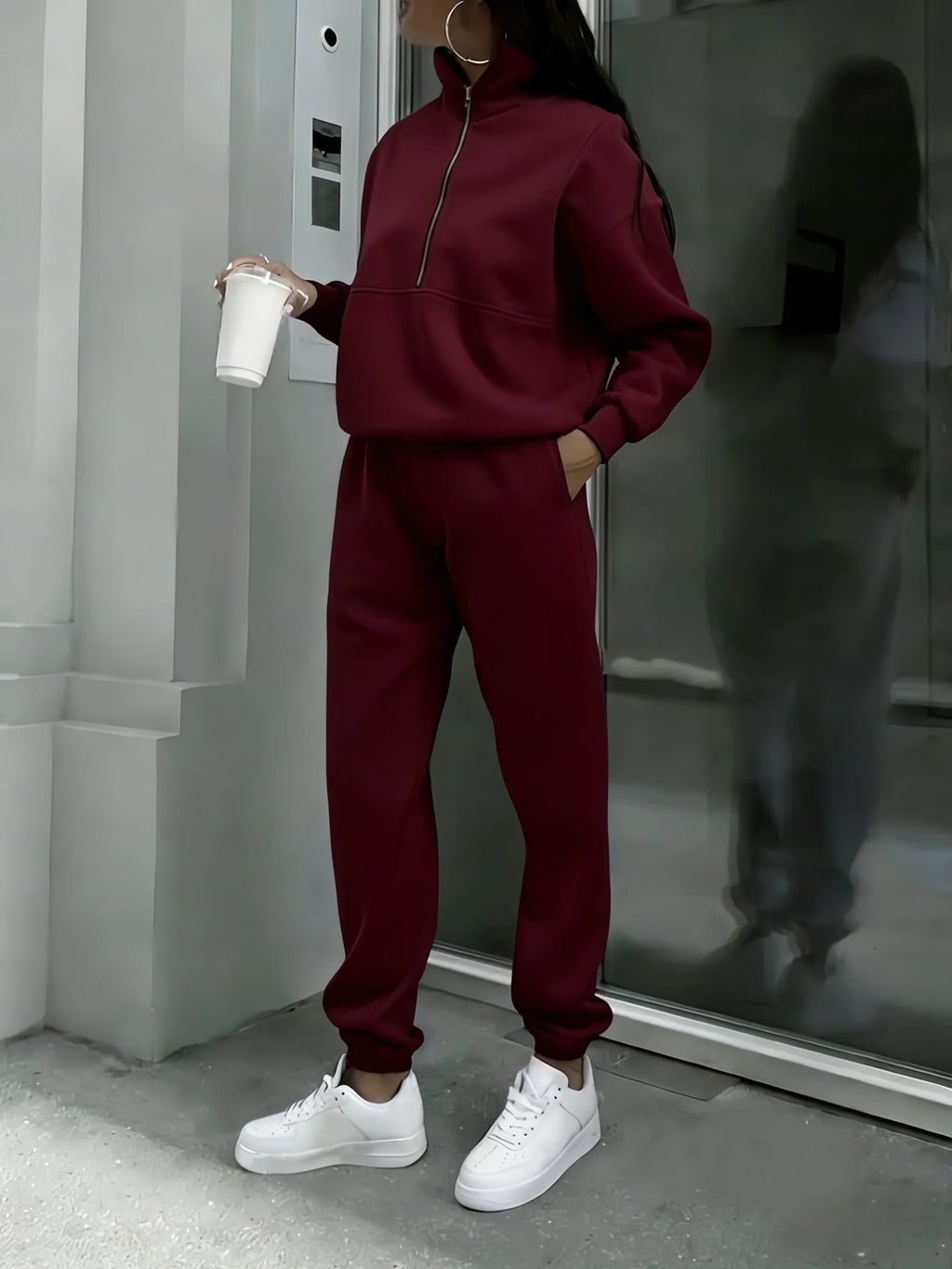 Women Half Zip 2 Piece Tracksuit Set, Stand Collar Long Sleeve Sweatshirt With Pocket & Elastic Waist Jogger Pants, Casual Loose Matching Loungewear Outfit