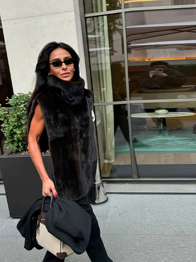 Chic Turtleneck Fur Vest Women All-matching Solid Sleeveless Fluffy Cozy Vests Female 2025 Autumn Winter Fashion Lady Layering - Matrix Studios