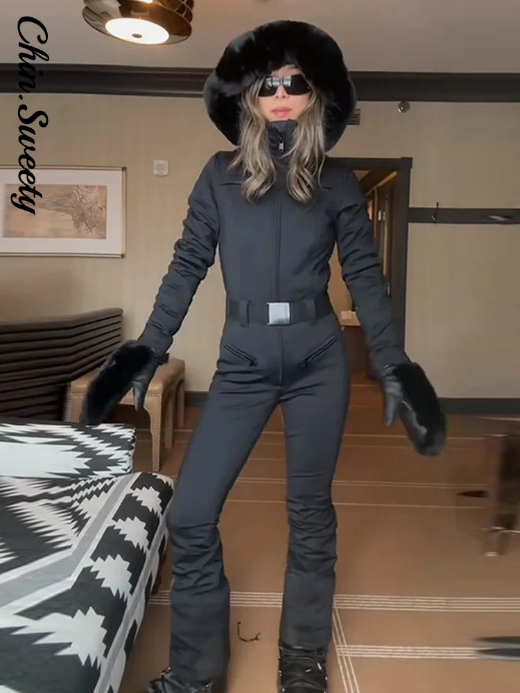 Chic Faux Fur Patchwork Women's Ski Jumpsuit High Wait Belt Zippers Pocket Lady Ski Wear 2025 Winter Spring Female Romper - Matrix Studios