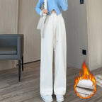 Winter Women Fleece Wide Leg Long Pants Thicken Warm Winter Stright Long Elastic Waist Trousers Casual Loose Female Botton Pants
