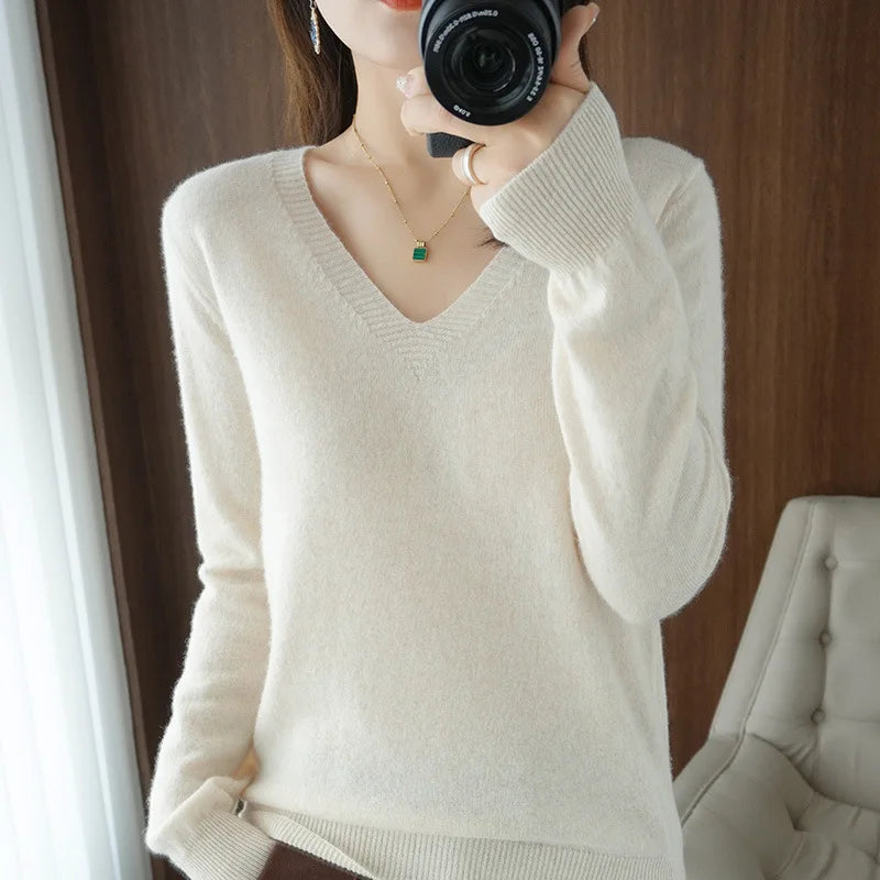 New Cashmere Women's V-neck Pullover Lace Neck Hollow Out Design Casual Knitted Long Sleeve Women's Sweater Autumn And Winter - Matrix-studios.com