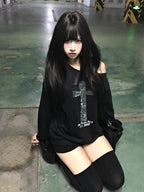 Seeslim Cross One-shoulder Graphic Hoodies Long Sleeve Black Women's Sweatshirts Harajuku Grunge 2000s Clothes Y2k Autumn Tops - Matrix-studios.com