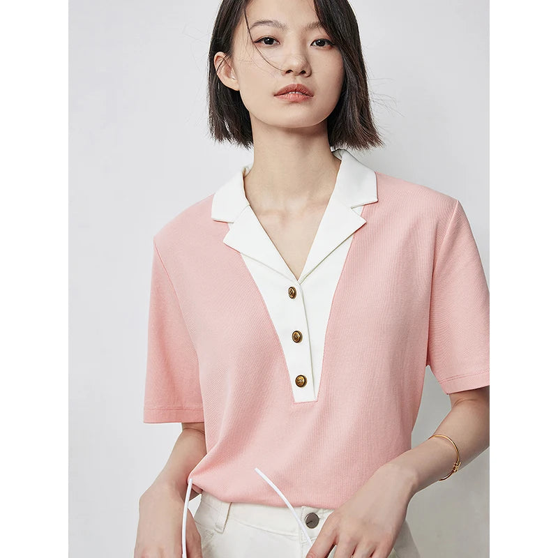 TOYOUTH Women Contrasting Colors POLO Collar T-shirt 2025 Summer New Short Sleeved Top - Matrix-studios.com