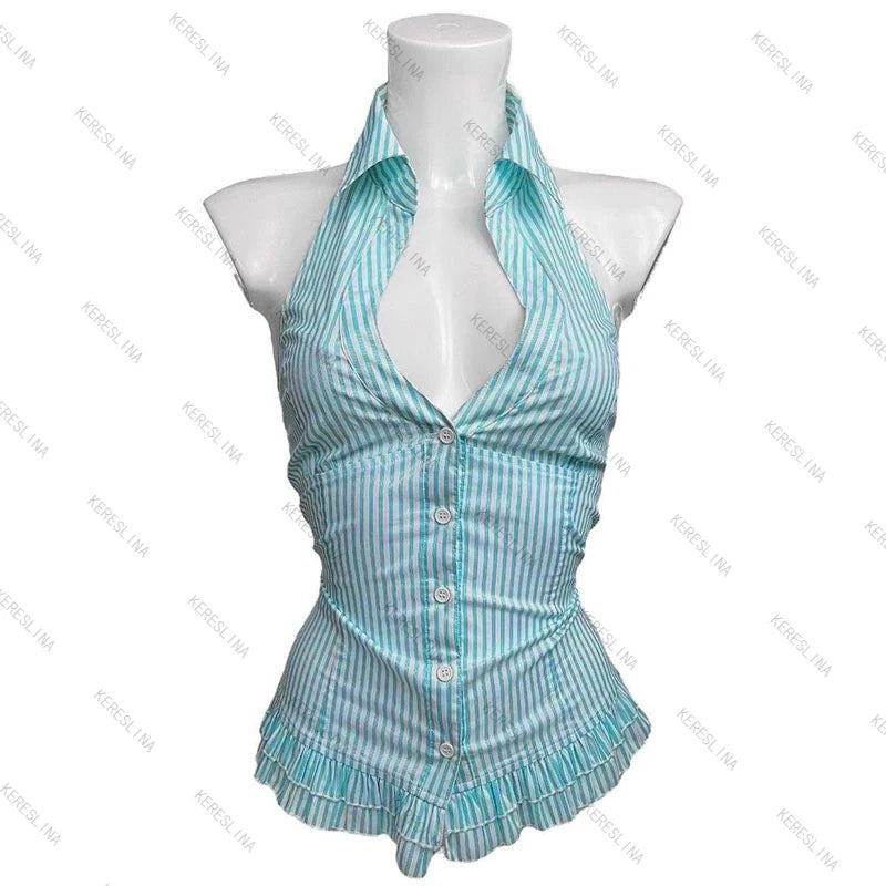 Millennial Style Y2K Skull Lace Bow Striped Halter Top Punk Goth Harajuku Style Top Summer Spice Girls Aesthetic Slim Streetwear - Matrix-studios.com