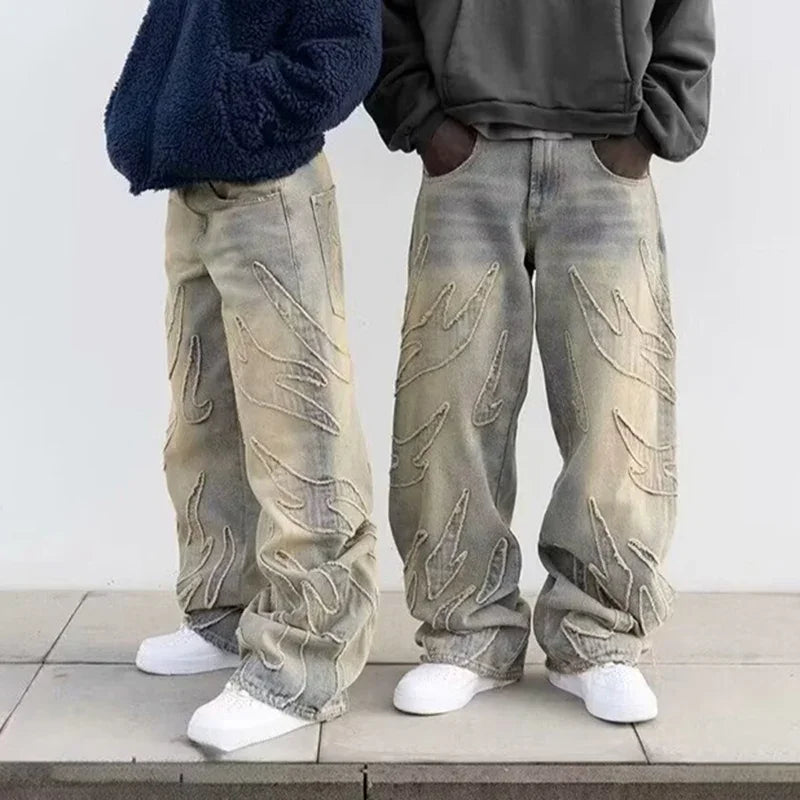 Men Baggy Aesthetic Streetwear Jeans Male Retro Fashion Wide Leg Denim Pants Graphic Embroidered Designer Hip Pop Denim Trousers - Matrix Studios