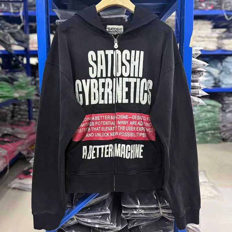26FW Satoshi Nakamoto Zip Up Hoodie Vintage Distressed High Street Worn Out Print Men Women Hooded Pullover Real Photo - Matrix-studios.com