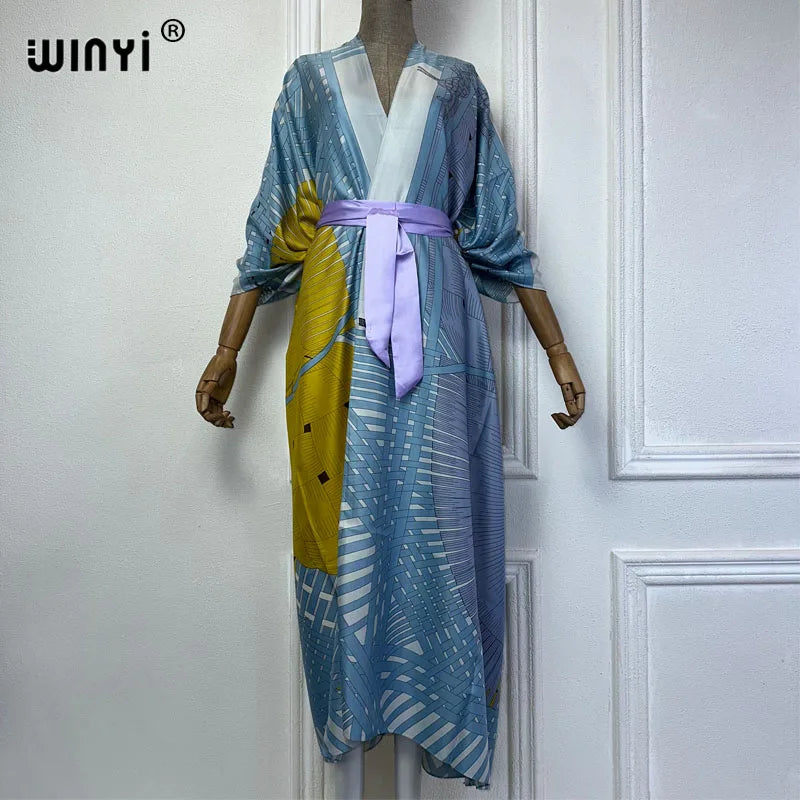 NEW WINYI Summer 2024 Print Middle East Kimono Beach Cover Up Dress Elegant African Women Boho Cardigan Holiday Maxi Abaya - Matrix Studios