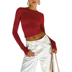 Fashion Women T-shirt Long Sleeve Crew Neck Solid Slim Fit Ladies Crop Top with Thumb Holes for Daily Streetwear Summer Camis - Matrix-studios.com