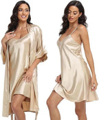 Women's Silk Satin Pajamas 2Pcs Sexy Silky Pj Robe Set with Chemise Nightgown - Matrix-studios.com