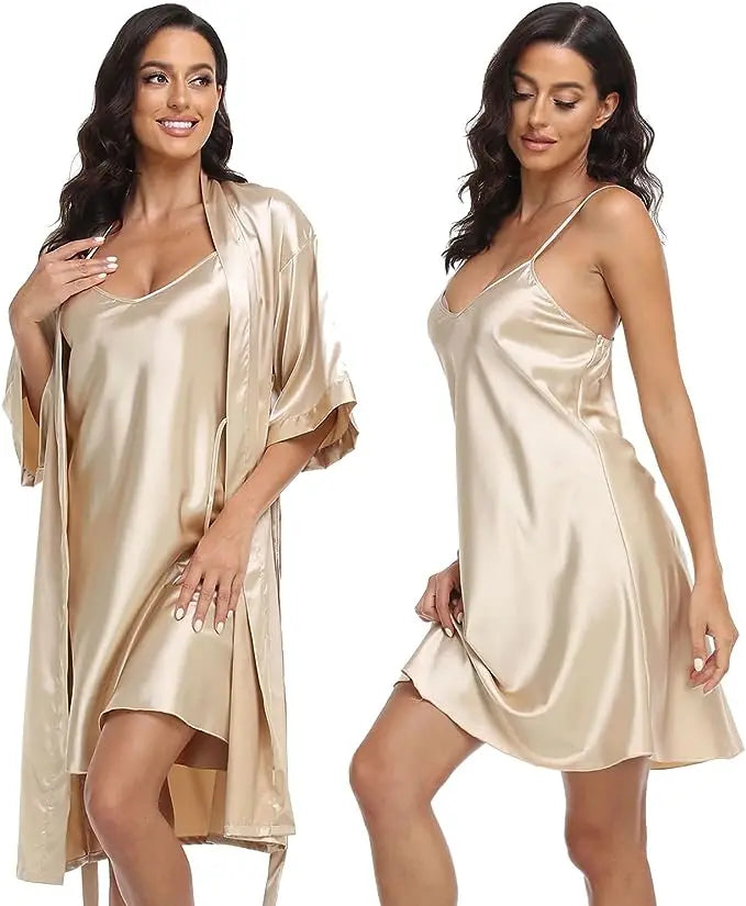 Women's Silk Satin Pajamas 2Pcs Sexy Silky Pj Robe Set with Chemise Nightgown - Matrix-studios.com