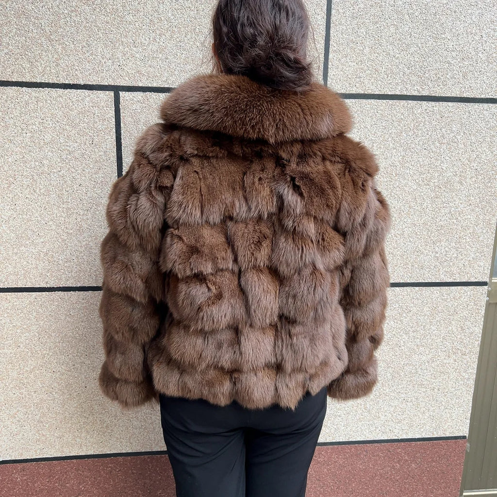 HUA QIU MEI SI Women's Natural Fox Fur Jacket with Fox Collar for Winter Warmth, Short Style Real Fox Fur Leather Jacket - Matrix Studios