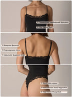 VITALINOVO Women Square Neck Lace Trim Bodysuit High Cut Thong Spaghetti Strap Cami Bodysuit Double Layer Going Out Tank Tops - Matrix-studios.com