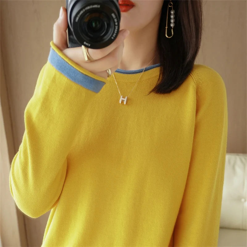 100% Cotton Knitwear Women's Round Neck Sweater Spring And Summer New Loose Color Matching Cotton And Linen Bottoming Shirt - Matrix Studios