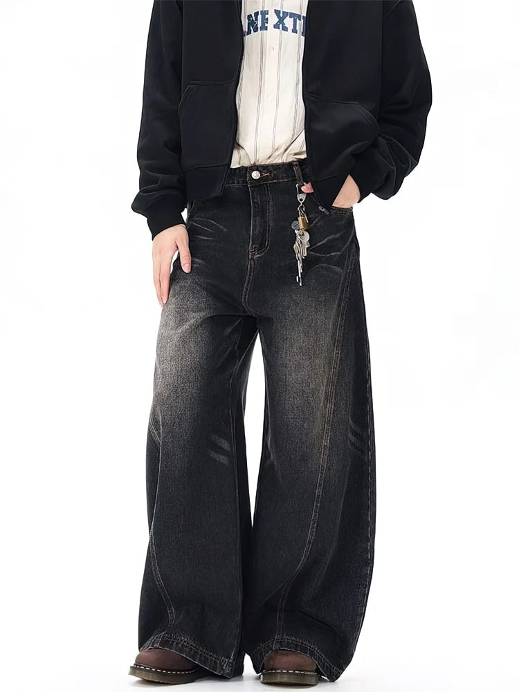 Vintage Black Washed Baggy Jeans Pants Men Wide Leg Curved Blade Pants Streetwear Cowboy Casual Denim Straight Trousers - Matrix Studios