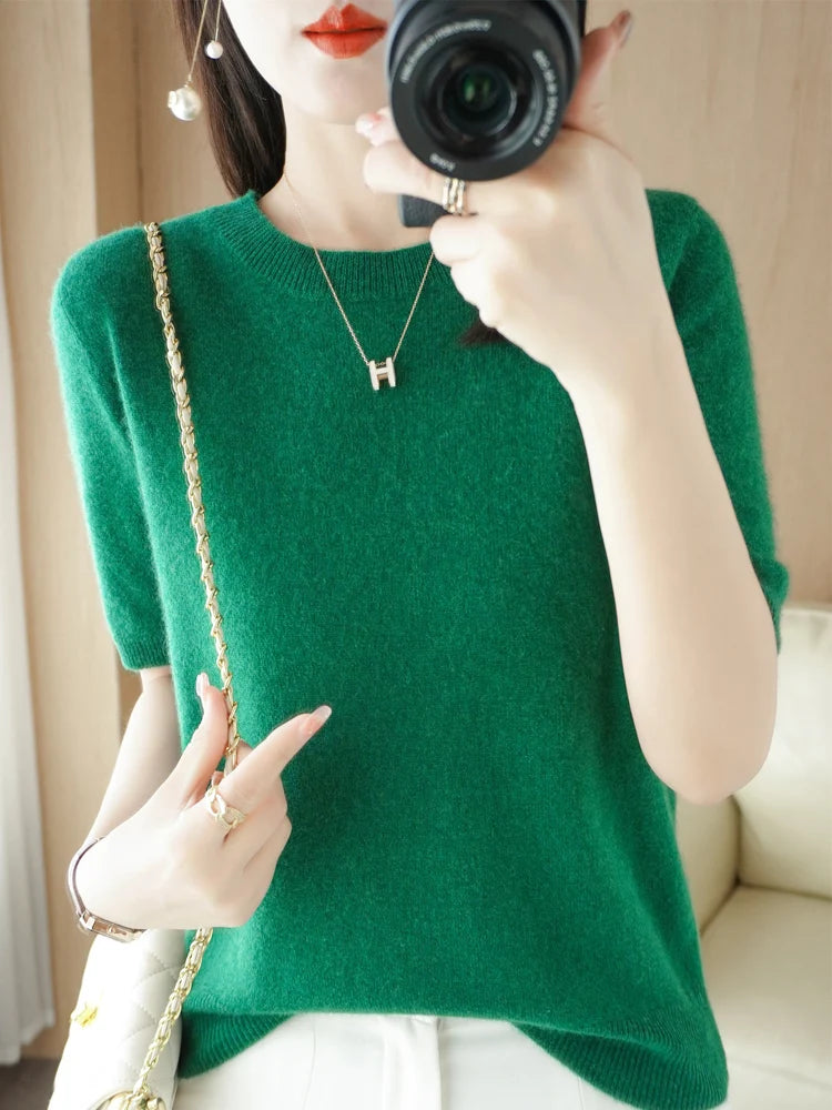 New Short-sleeved Knitwear Women O-neck T-shirt Wool Cotton Blend Pullover Vest Sprig Summer Bottoming Tops Sweater Solid Soft - Matrix Studios