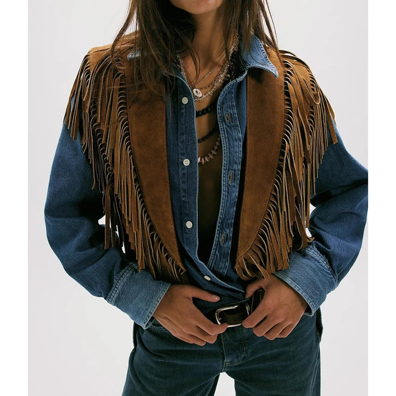 Combhasaki Women's Y2k Vintage Studded Suede Vest Coat 70s Hippie Outfits Sleeveless Open Front Tassel Patchwork Vest Collar - Matrix Studios