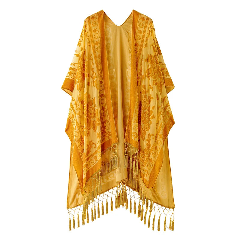 WeHello Fashion bohemian Women's Burnt Plush Kimono Long Cardigan With Tassel Beach Cover-up Holiday Cardigan Shawl - Matrix Studios