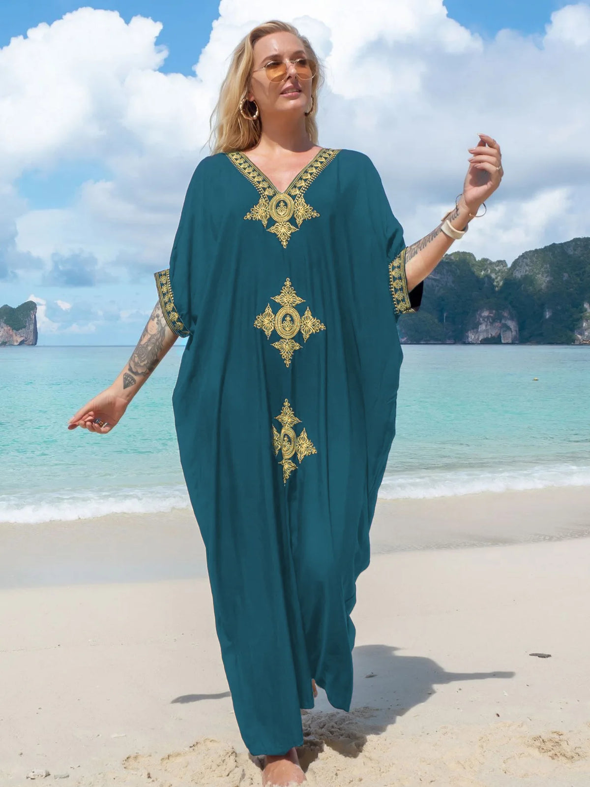 Women's Clothing Gold Embroidery Long Kaftan Dresses V Neck Caftan Dress Beach Cover Ups Tunic Maxi Dress - Matrix Studios