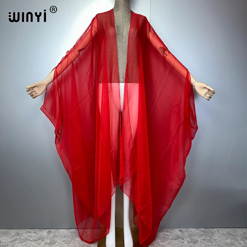 WINYI Beach Sexy Cover Ups for Swimwear Women Kimono Swimsuit Cape Summer Dress 2023 Beachwear Monochrome Perspective Yarn Dress - Matrix Studios