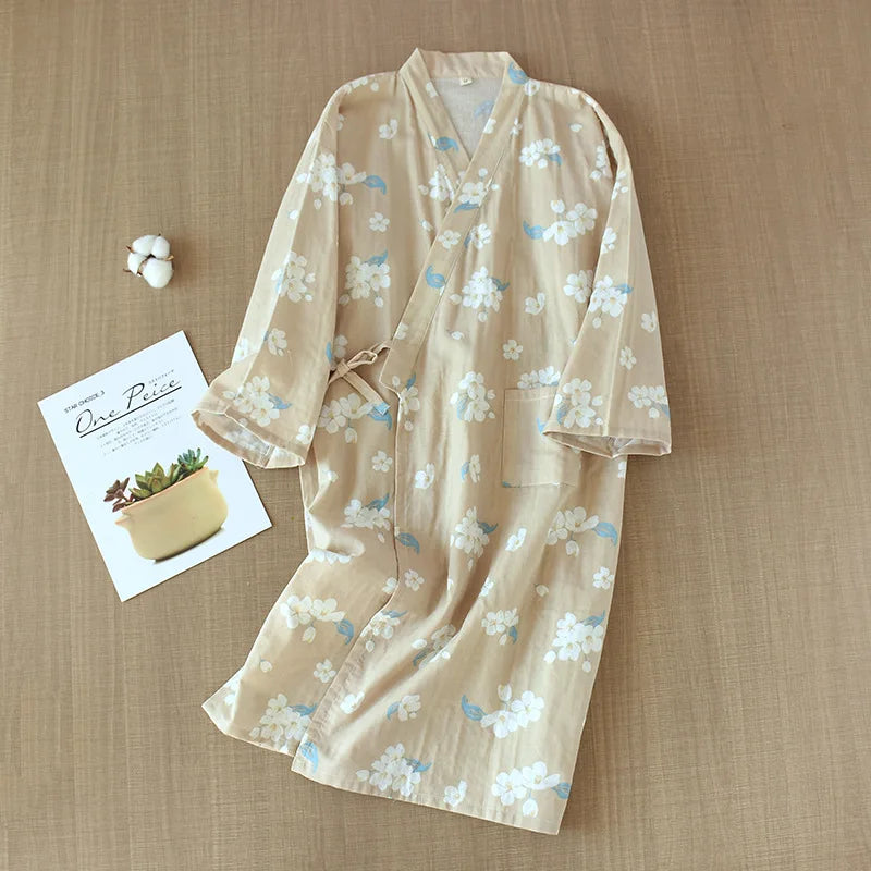 Japanese-style Kimono Pajamas Summer New 100% Cotton Gauze Pajamas Nightgown Ladies SPA Yukata Homewear Long Pajamas Women - Matrix-studios.com